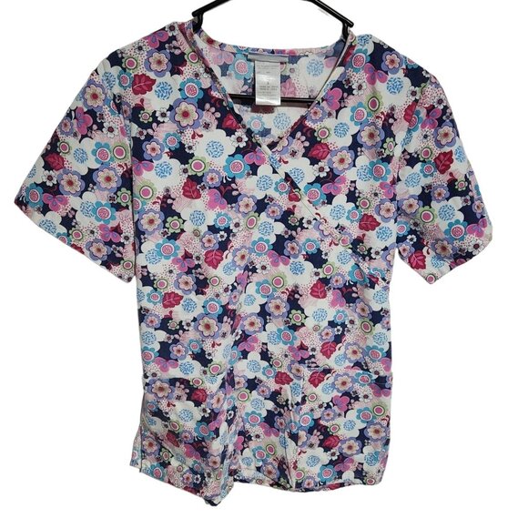 Simply Basics SB Scrub Top Womens Size Small Floral Nursing Medical Work Uniform - Picture 1 of 4